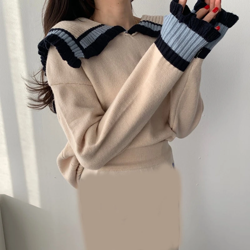 RICININA Knitted Sweater Women Soldier Collar Long Sleeve Ruffles Casual Sweaters Ladies Elegant 2020 Knitting Pullovers | Женская
