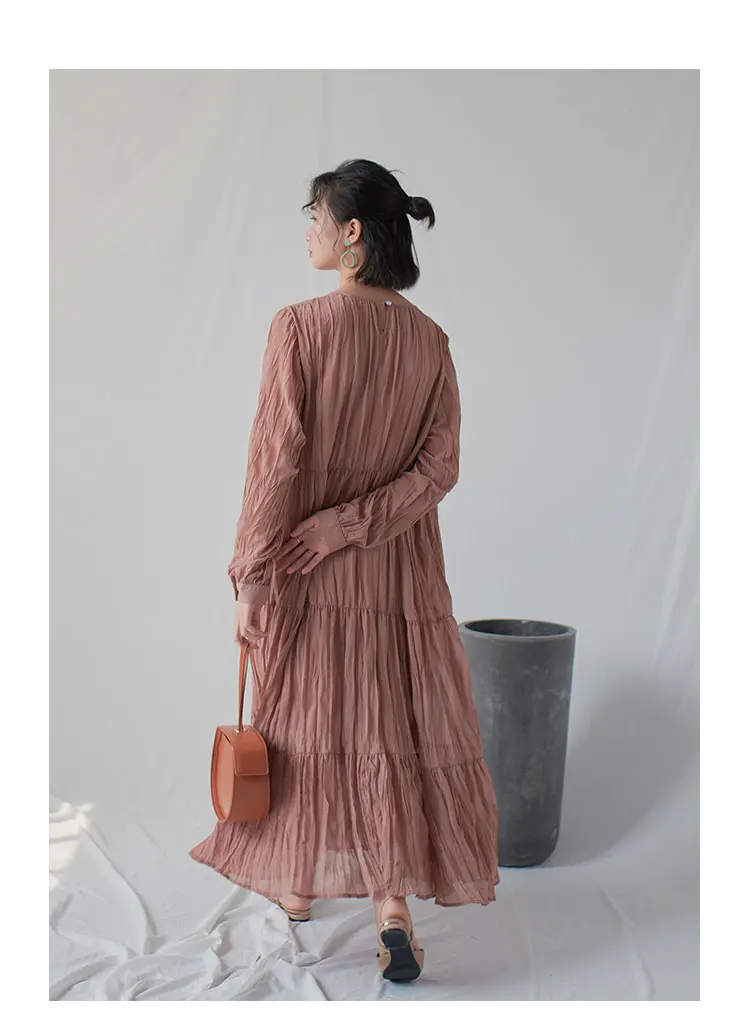 

HOT SELLING Miyake Vintage sweet fold solid long sleeve o-neck ball gown dress IN STOCK