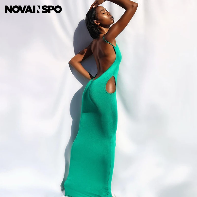 

NOVAINSPO Backless Cut Out Green Maxi Dresses Skinny Unicolor Sleeveless Clubwear Birthday Outfit For Women Vacation Long Dress