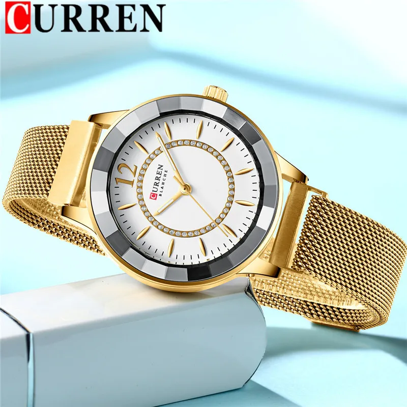 Часы CURREN женские водонепроницаемые брендовые роскошные золотистые Классические