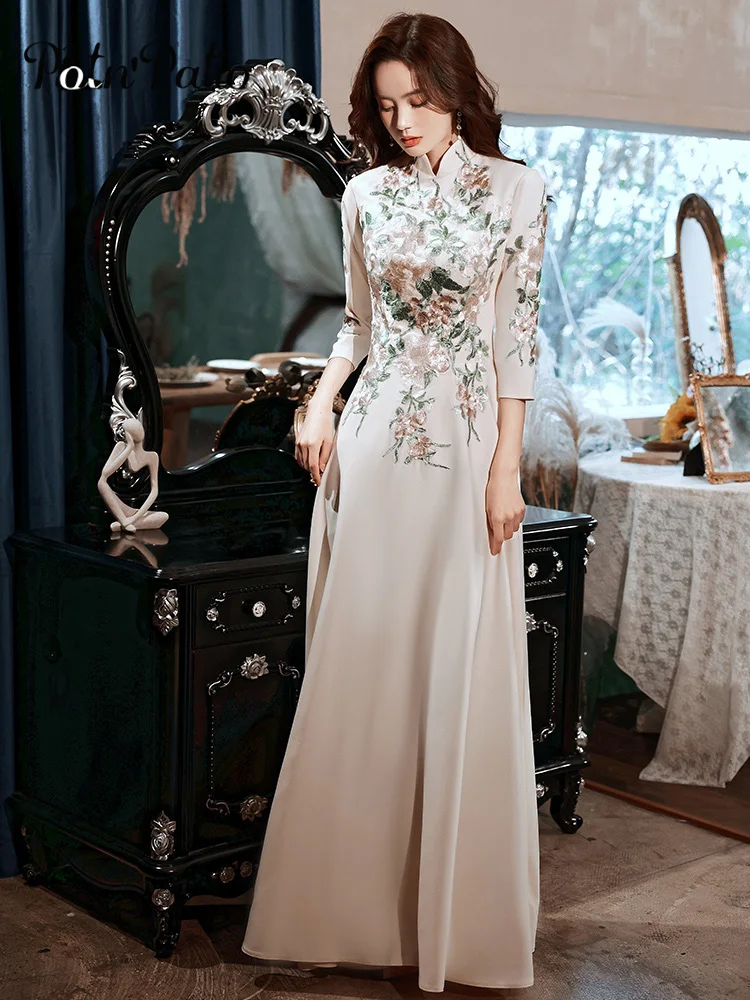 

Chinese Style High Neck A-Line Floor-Length Satin Evening Dresses With Long Sleeves Elegant Simple Women Formal Gowns