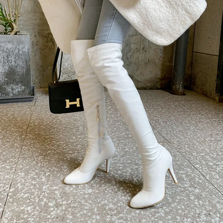

Plus Size Women Thigh High Boots Sexy Super High Thin Heel Platform Boots Pointed Toe Zipper Over-the-Knee High Dance Shoes