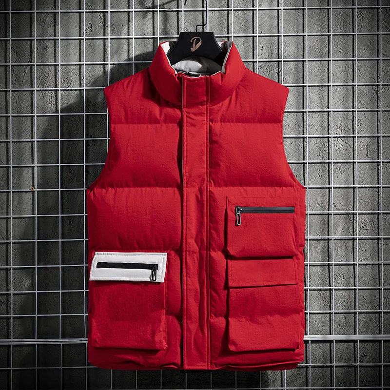 Men jacket Vest winter and Autumn solid sleeveless vest fashion trend  pocket extra thick warm coat