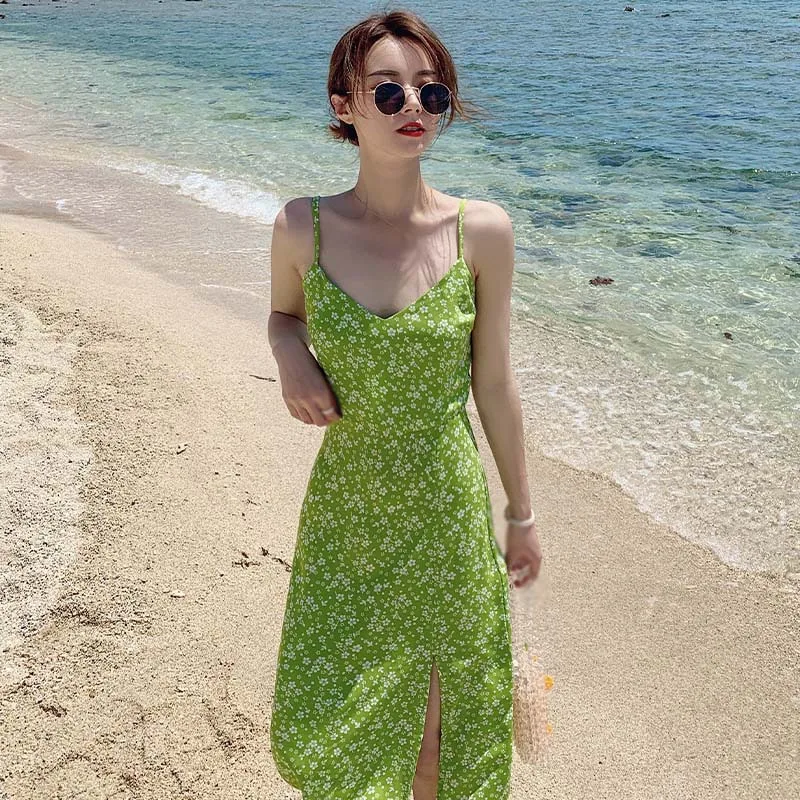 

Jlong Summer Korean Style Retro Casual Floral Pattern Split Design Mid-Length Sling Dress