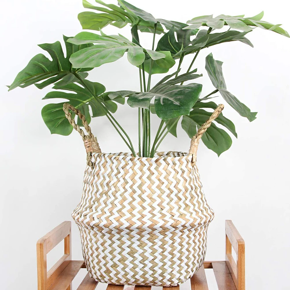 

Handmade Woven Seagrass Storage Basket Folding Clthoes Laundry Basket Straw Wicker Rattan Belly Garden Flower Pot Plant Basket