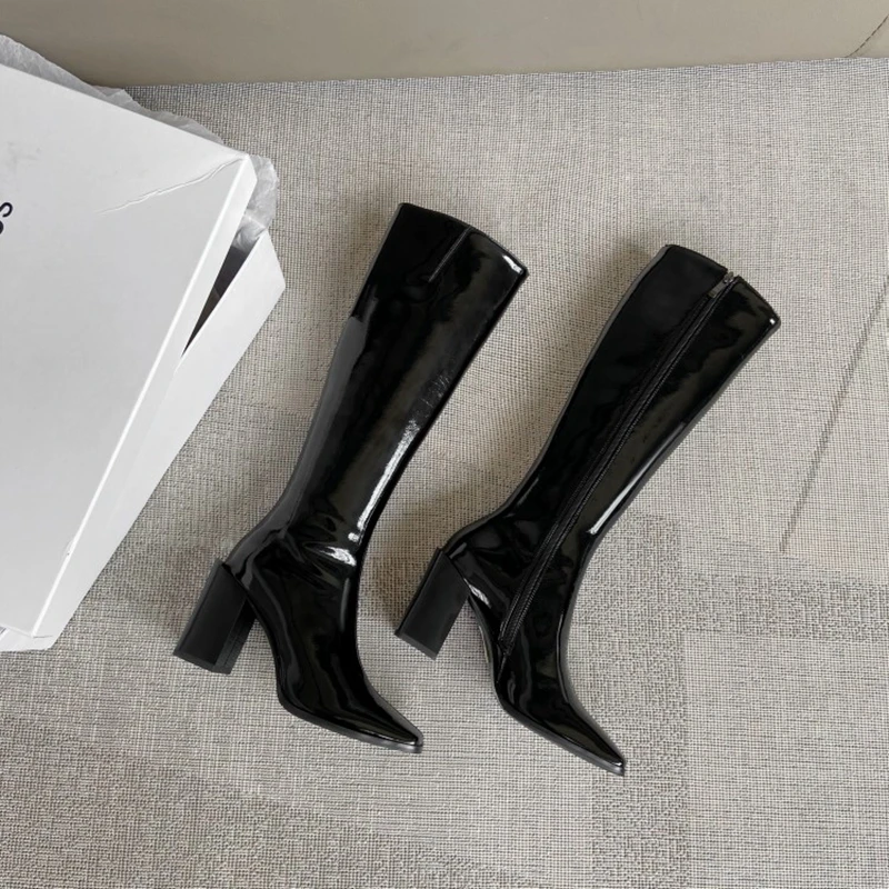 

REAVECAT Autumn Winter Knee-high boots Patent Genuine Leather Square toe Chunky heel Zipper Solid Big size 33-42 Casual A3178