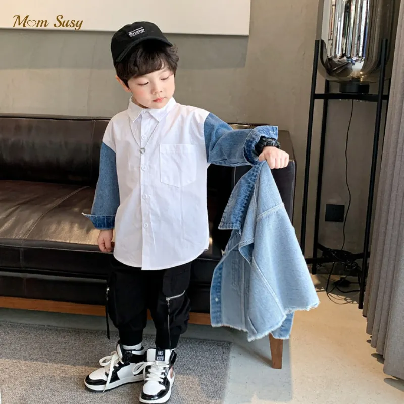 Fashion Baby Boy Girl Shirt patch Jean Sleeve Kid Jean Vest camicia per bambini manica lunga Outfit abiti per bambini 1-12Y