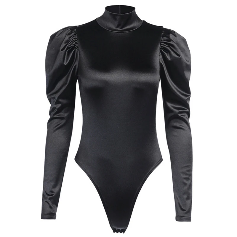 

2020 Women Sexy Casual Stain Turtleneck Long Puff Sleeve Bodysuit Tops Black Ribbed Female Fashion Party Short Romper Bodysuit