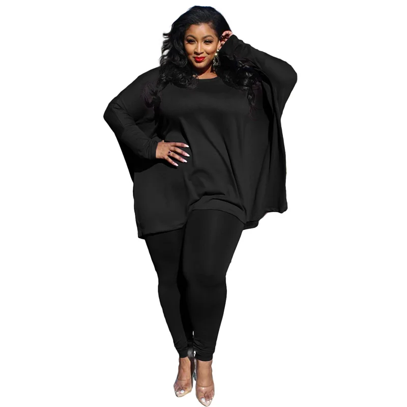

Fashion Plus Size Tracksuit Women Two Piece Set Solid Bats Sleeve Pullover Top Long Pants Suit Large Size Outfits Casual Clothes
