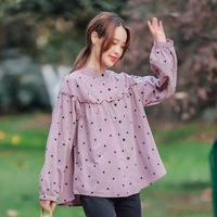 new spring pink collar wave point fresh and sweet lady cardigan ruffled long sleeve cotton shirt