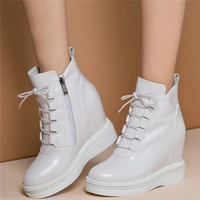 high top pumps shoes women lace up genuine leather wedges high heel ankle boots female round toe fashion sneakers casual shoes