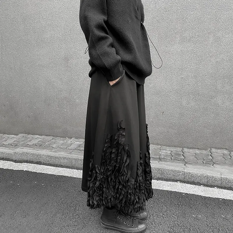 XITAO Patchwork Wrinkles Casual Pants Women Tide Fashion New Style Elastic Empire Waist Match All Wide Leg Loose Black DZL2640