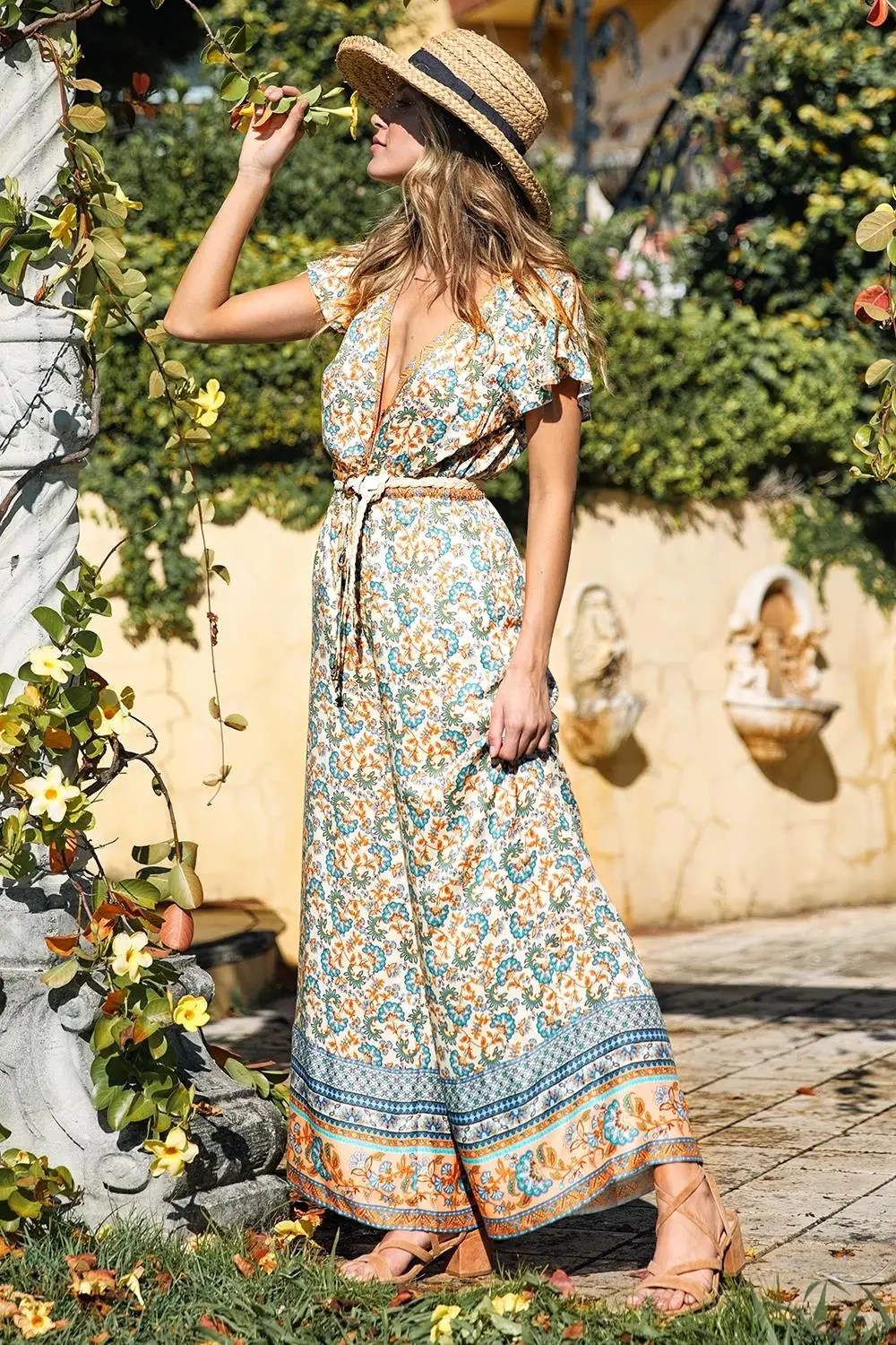 Богемный Вдохновленный комбинезоны Rayon богемный Свободный шнурок талии Летний комбинезон для женщин цветочный принт комбинезон Бохо Повседневный