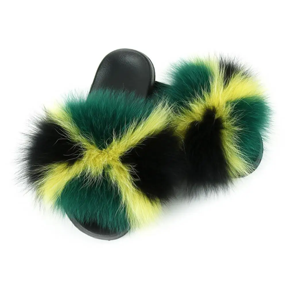 

70% Hot Sell Fashion Women Color Block Faux Fur Open Toe Flat Slippers Sandals Non Slip Shoes