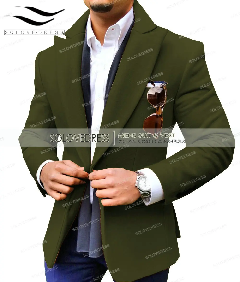 Olive Green Коричневый пиджак для мужчин, для отдыха, шерсть, твид, балзер, формальный, нотч, с отворотом, Бизнес Стиль, приталенный смокинг, Женихи, для мужчин, зимнее пальто - Цвет: Olive Green