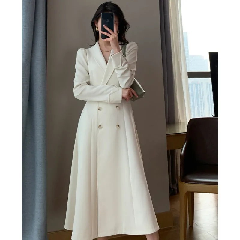 

Autumn Winter Ladies Kahki Noched Collar Long Trench Coat Women Casual White Double Breasted A Line Slim Windbreaker Overcoat