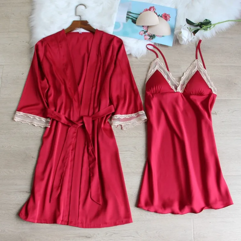

FZSLCYIYI Women Rayon 2Pcs Robe Set Lace Trim Kimono Bathrobe Nightdress Casual Sleepwear Bride Bridesmaid Wedding Robe Gown