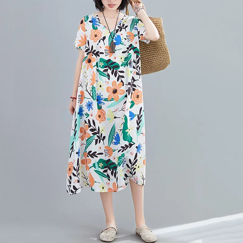 

short sleeve plus size cotton vintage floral dresses for women casual loose long woman summer dress elegant clothes 2021