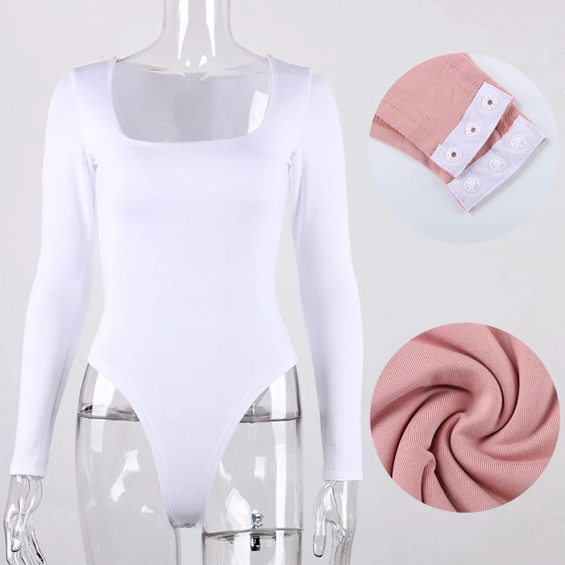 

Long Sleeve Skinny Bodysuit Women Solid Square Collar White Black Casual Body Top Jumpsuit Women Body streetwear Crotch Basic