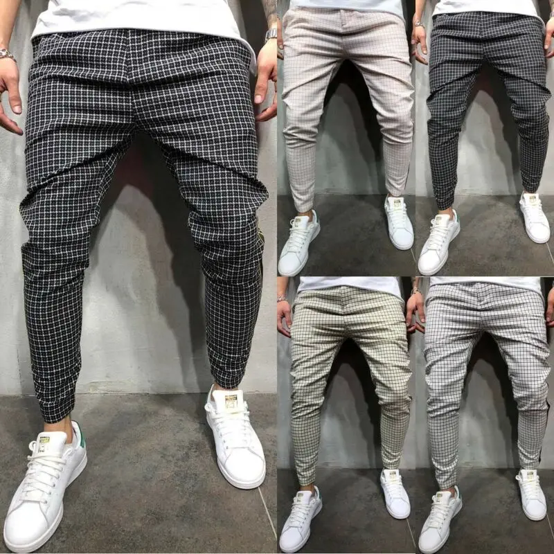 

2020 sexy high waist spring summer fashion pocket Men's Slim Fit Plaid Straight Leg Trousers Casual Pencil Jogger Casual Pants