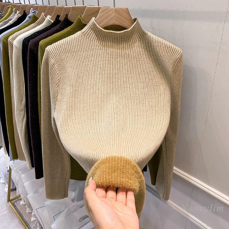 

Plus Velvet Sweater Women's 2021 Autumn and Winter New Solid Color Bottoming Shirt Long Sleeve Inner Wear Knitted Top