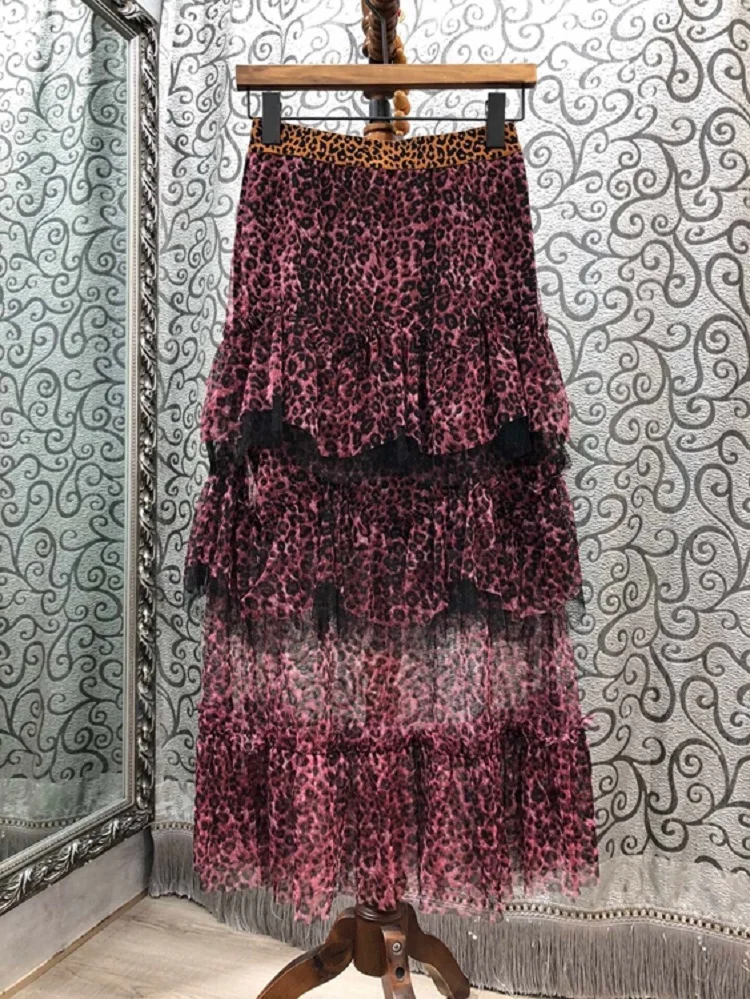 

2020 Autumn Fashion Skirts High Quality Women Sexy Wild Leopard Prints Cascading Ruffle Flower Deco Mid-Calf Length Casual Skirt