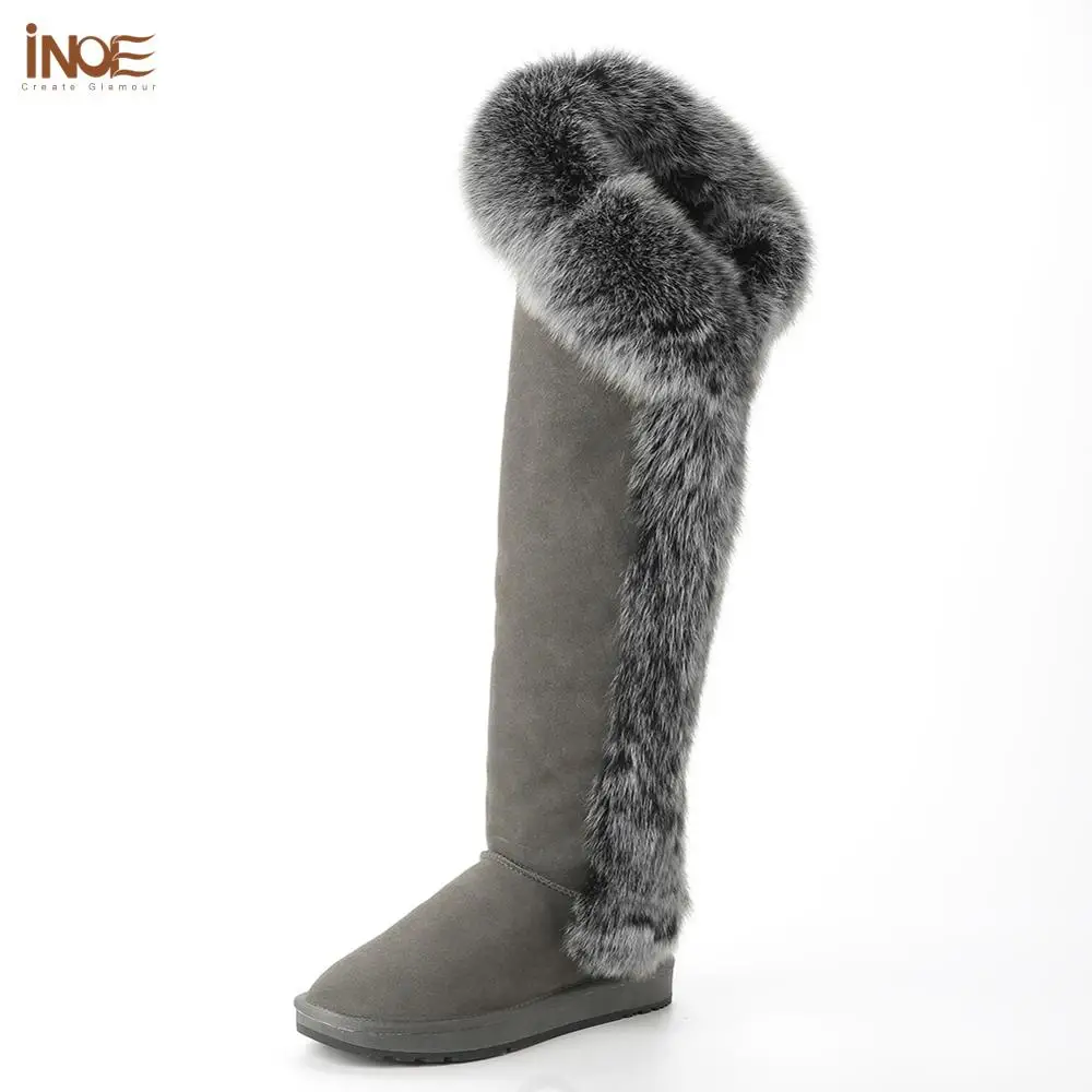 

INOE Luxurious High Real Arctic Fox Fur Sheepskin Suede Leather Winter Snow Boots for Women Long Wool Natural Sheep Fur Lined