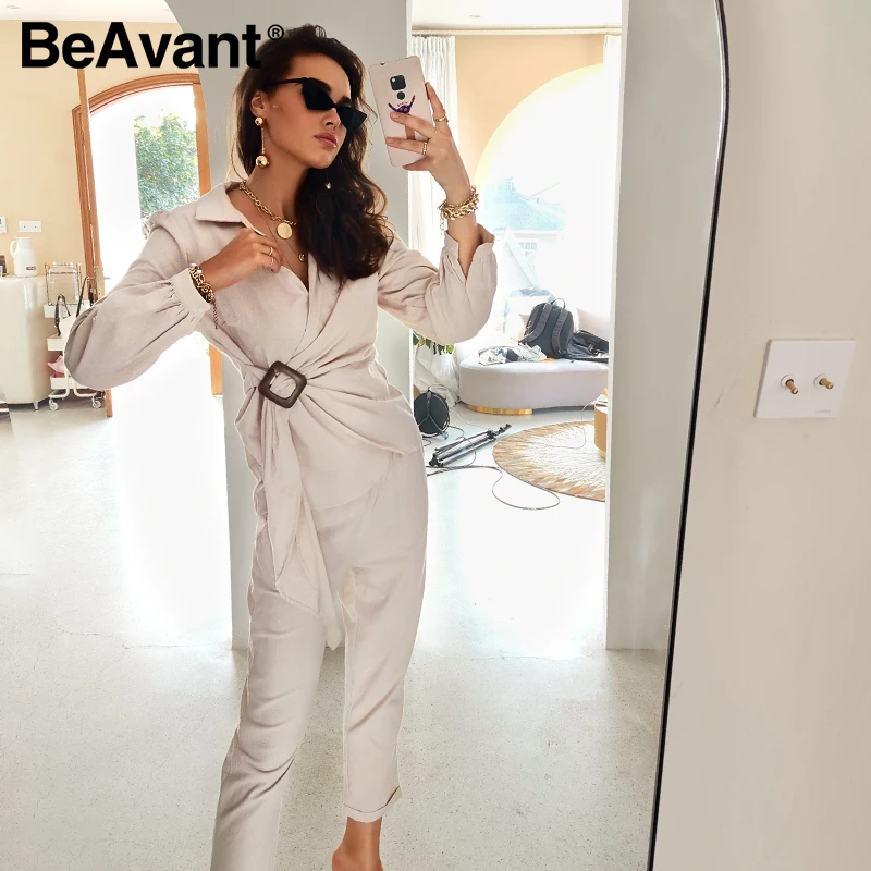 

BeAvant Casual spring solid wrap women sets office lady V-neck long sleeves two piece set female Elegant cotton sash suits slim