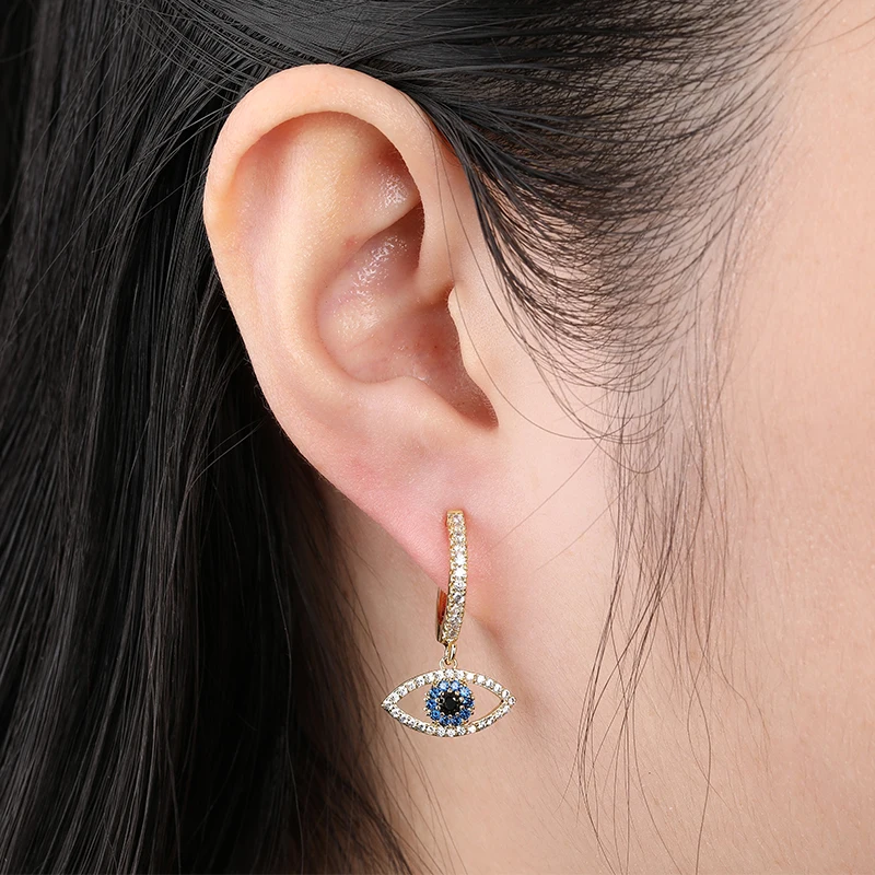 

2021 Fashion Gold Color tiger Eye Hoop Earrings Quality Blue Crystal Black Eye Earrings For Women Man Korean shiny Jewelry