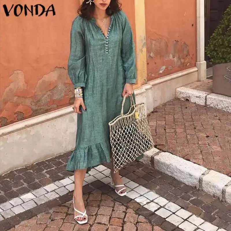 VONDA женское платье повседневное свободное платье на пуговицах с длинным рукавом-фонариком Vestidos офисное женское платье-рубашка осеннее платье Femme Большие размеры