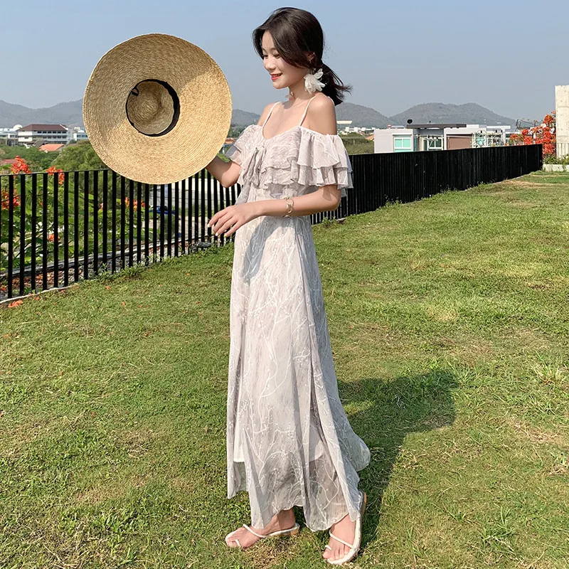 2020 Summer New Sexy Backless One Word Sling Dress Women Boho Chiffon Beach Ladies Vintage Elegant Party Dresses Vestidos | Женская