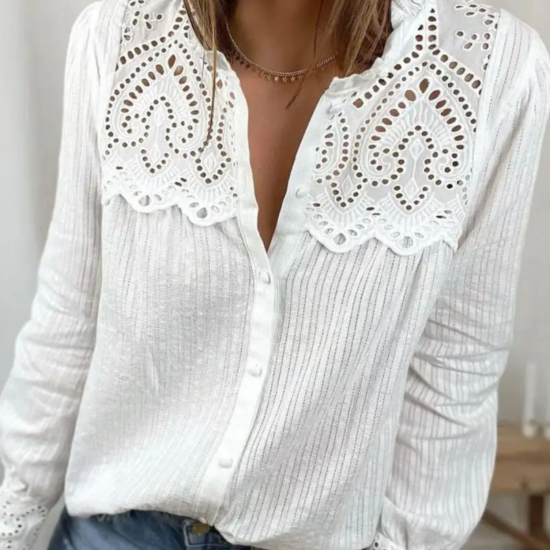 

Loose Blouse Women's Fashion Lace Hollow Out Women Shirt Casual Round Neck Long Sleeve Women Blouses Solid Color Top Clothes