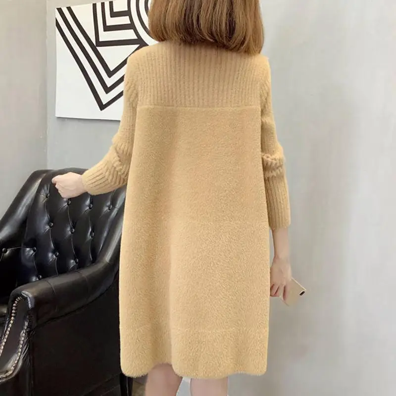 

Women 2020 Autumn Winter Turtleneck Faux Mink Cashmere Knitted Sweater Female Thicken Warm Solid Pullovers Casual Dresses T177
