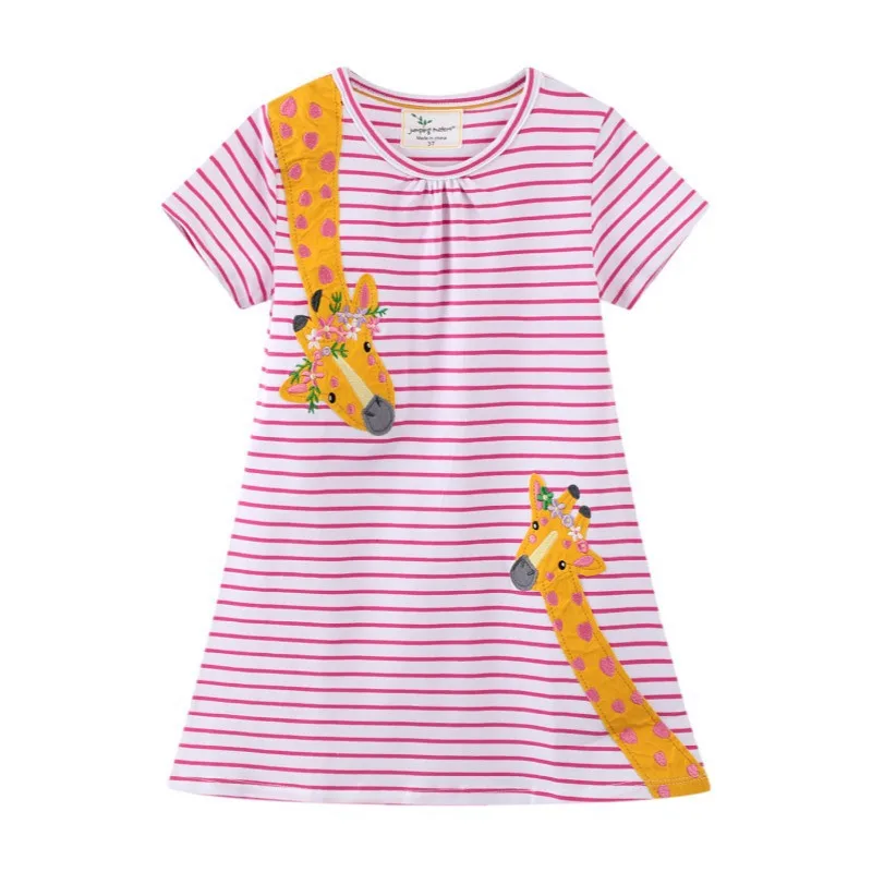 

Jumping Meters Summer Girls Dresses Cotton Giraffe Embroidery Short Sleeve Stripe Cute Children's Clothes Toddler Frocks Costume