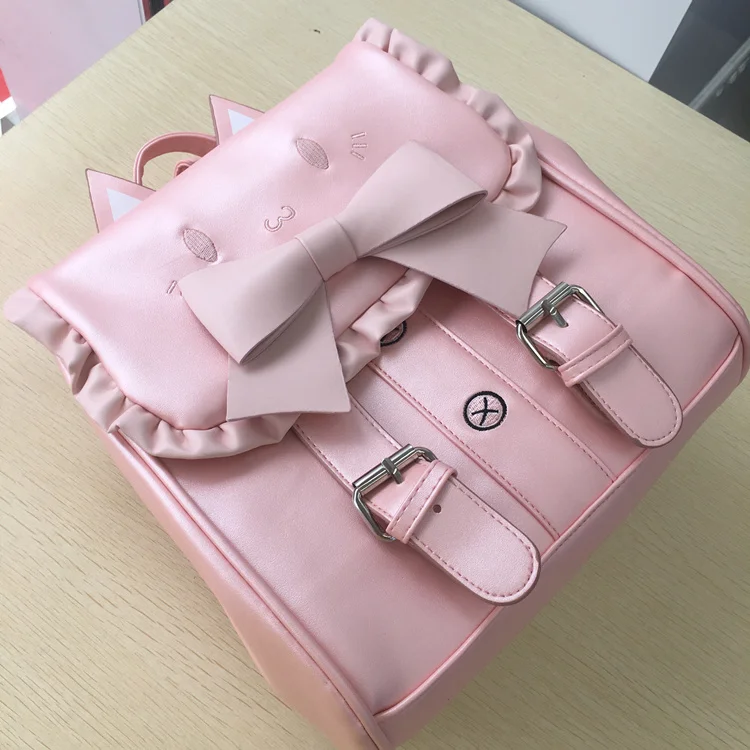 

Cat bags white/pink Japanese student sweet lolita backpack embroidered cat bowknot kawaii girl backpack loli cos