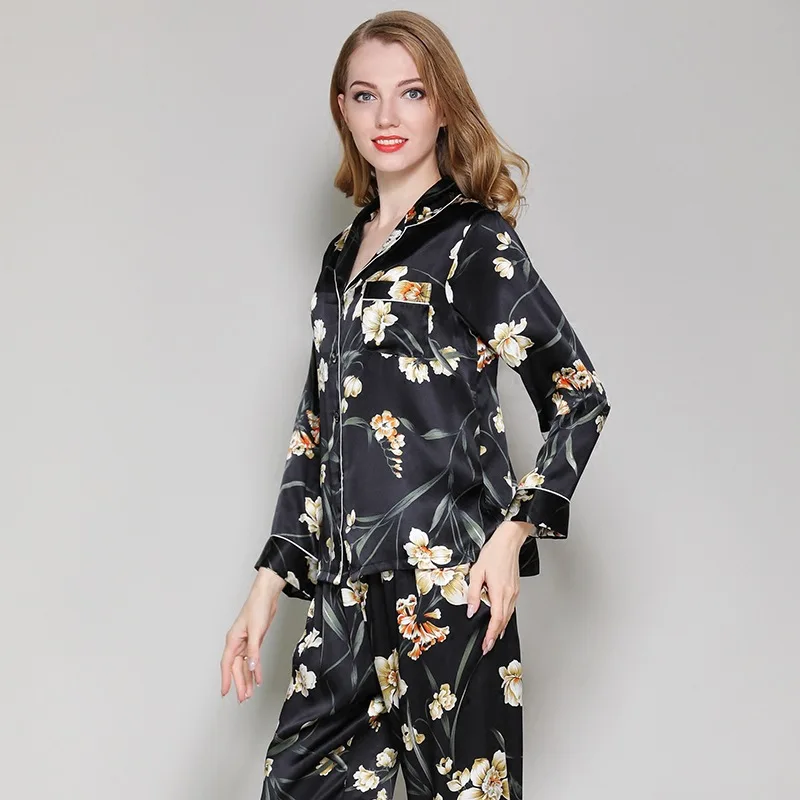 Women's Silk Pajamas Long Sleeve Two-Piece Loose Spring and Autumn Sexy Tracksuit Suit