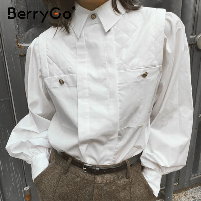 BerryGo винтажная женская блузка на пуговицах рубашка модная уличная с длинным