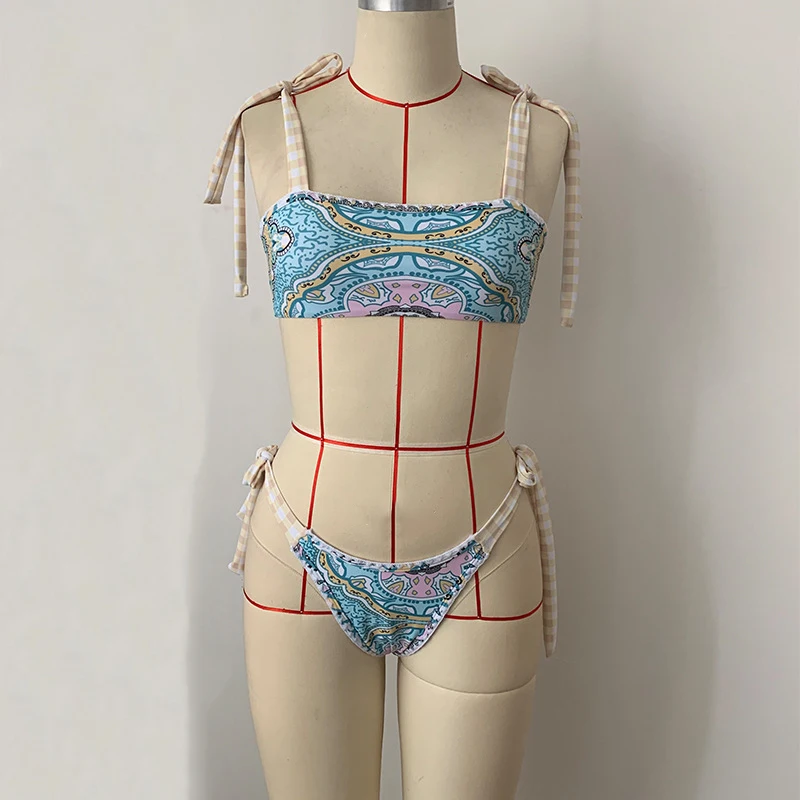 

Vintage Print Bikini Set Sexy Bandeau Swimwear Women Summer Backless Swimsuit New Bandaeg Bow-knot Bathing Suit Biqiuni