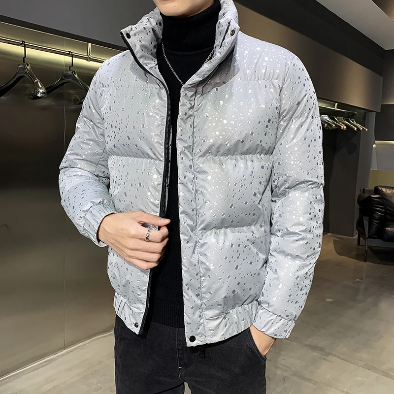 Fashion Water Drop Print Men's Jackets Winter Thicken Warm Casual Short Parka Streetwear Jacket Korean Overcoat Male Clothing