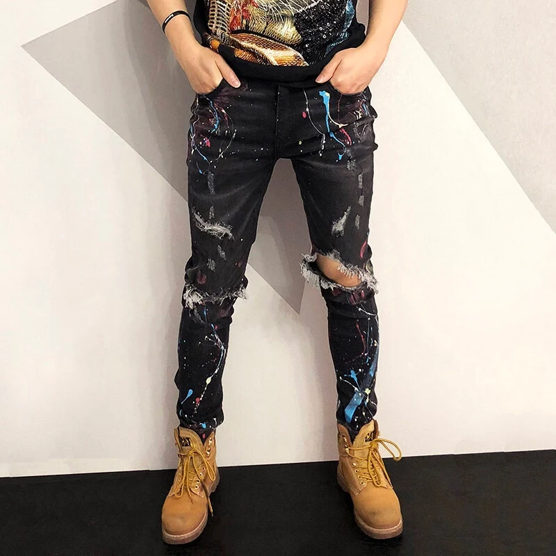 Erkek Jean Pantolon 2020 Spring And Summer New Hole Splash Ink Paint Slim Jeans Men's High Street Popular Homme | Мужская одежда