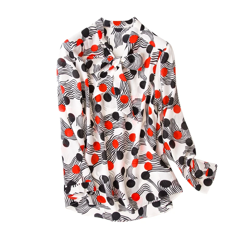 

Women's 100% Silk loose type Top Blouse bowknot Neck long sleeves Black White bop dots fashion shirt L1154