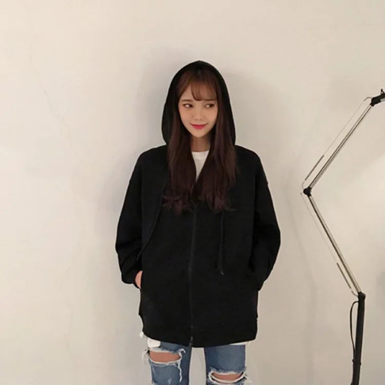 Solid Color Hooded Sweater Women's Zipper Cardigan Spring and Autumn BF Casual Sports Coat Loose All-match Brushed Hoody | Женская