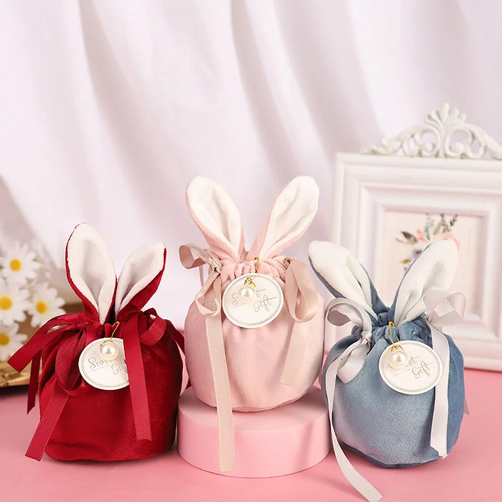 

Velvet Bags With Cartoon Rabbit Ears Pearls Baking Easter Candy Cookie Packaging Bag, Self-adhesive Happy Easter Party Gift Bag