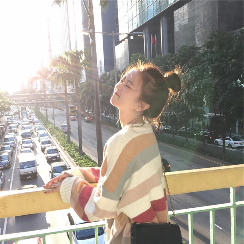 Winter Striped Knitted Women Sweaters And Long Sleeve O-neck Casual Pullovers Sueter Mujer Tops Korean Kawaii Jumper | Женская одежда