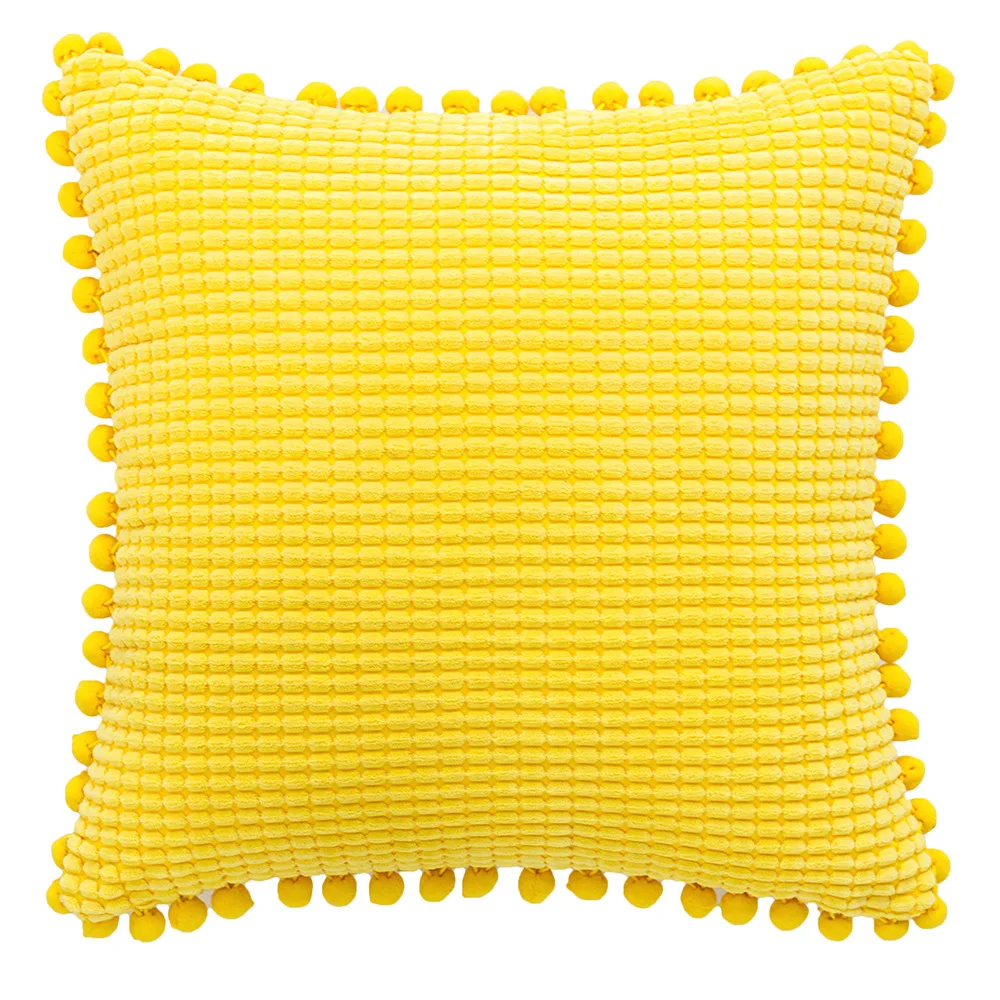 

Inyahome Couch Pillow Covers Yellow Cozy Soft Pom-poms Velvet Square Throw Pillow Cases for Farmhouse Home Decor