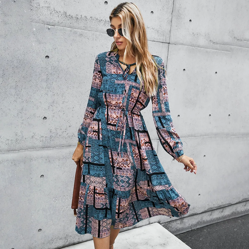 Женское Элегантное Длинное Платье рубашка осеннее платье с геометрическим