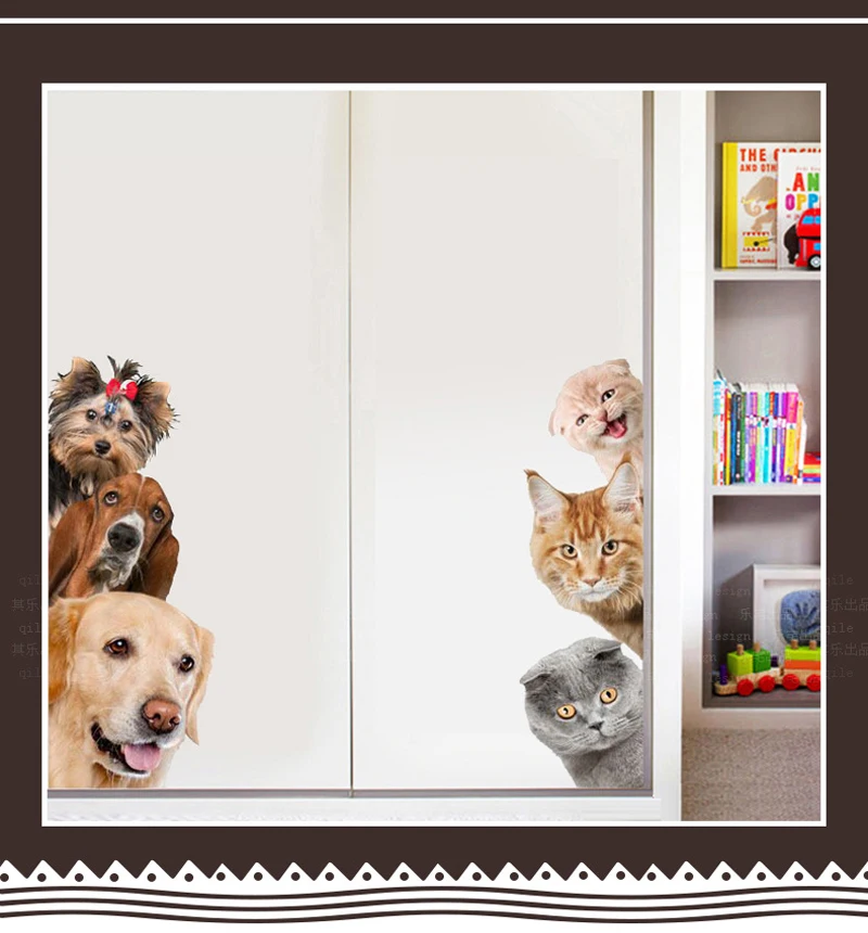 

3D funny cat and dog Wall sticker, door, window, closet, fridge, kids room decorations, home decor, animal drawing vinyl sticker