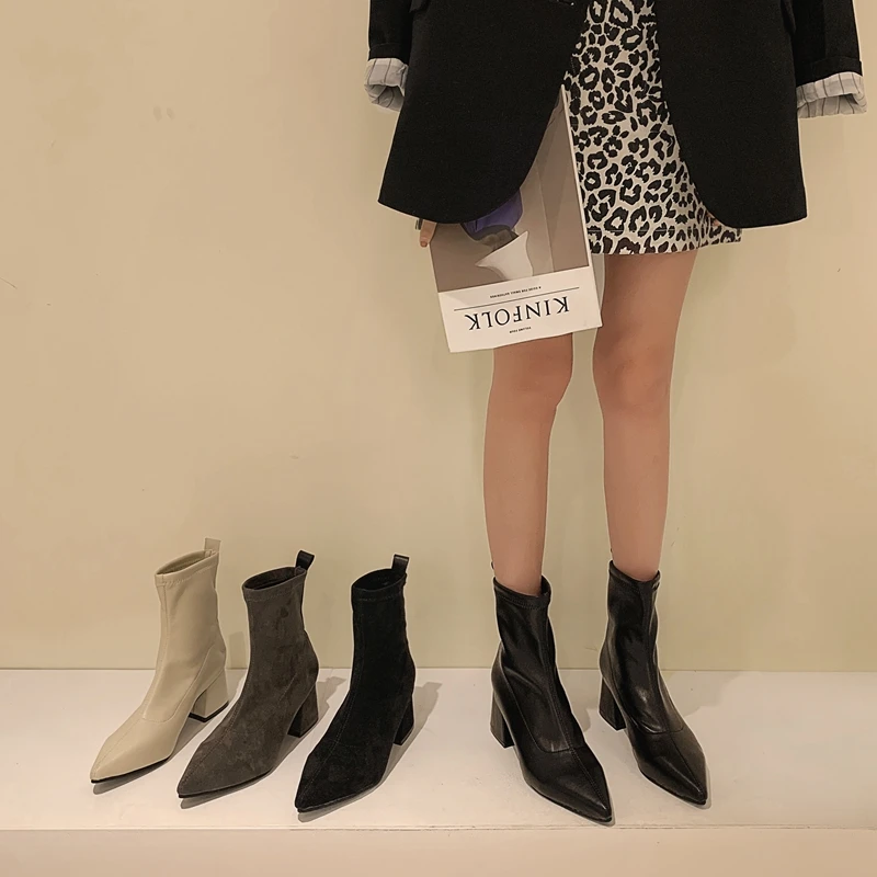 

Black Women Boots Pointed Toe Chunky High Heel Leather Pu Pure Microfiber Slip-on Sexy Mesh Elegant Mid-calf Women Boots