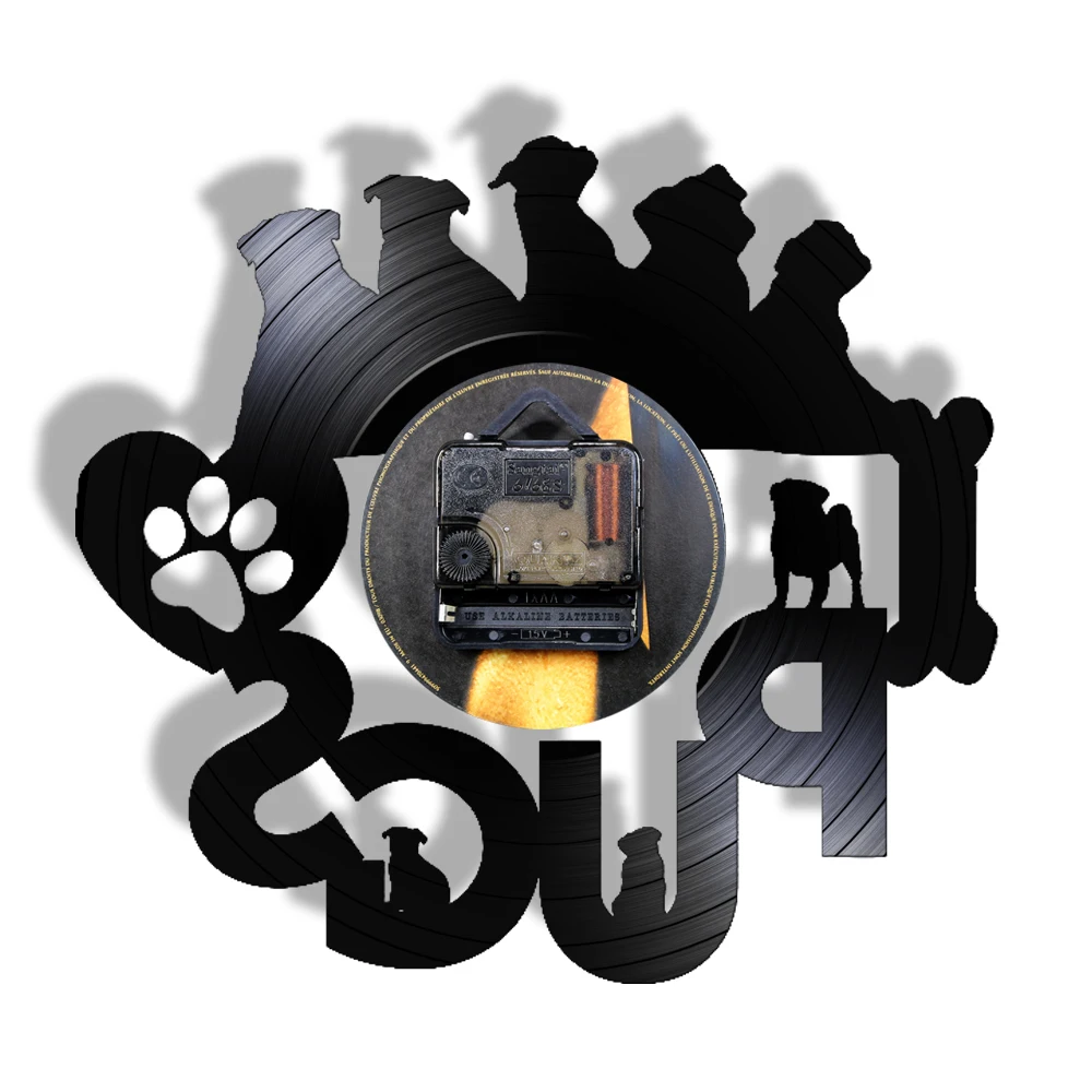 Pug Time Funny Puppy Cute Dog Vintage Vinyl Record Wall Clock Silent Movement Retro LP Arts &amp Crafts Decorative Watch | Дом и сад