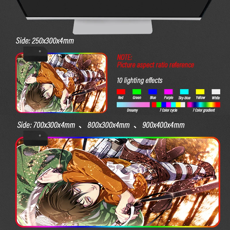 

Anime Levi Ackerman Gaming Computer Mousepad RGB Large Illuminate Mouse Carpet Big Mause Pad Attack on Titan Mat with Backlit